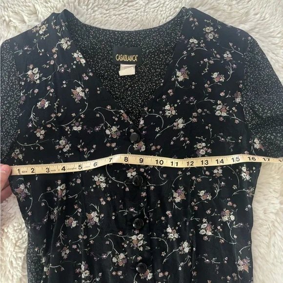 VTG 90s Casablanca - Black Floral Print Button Down Short Sleeve Top - Picture 4 of 7